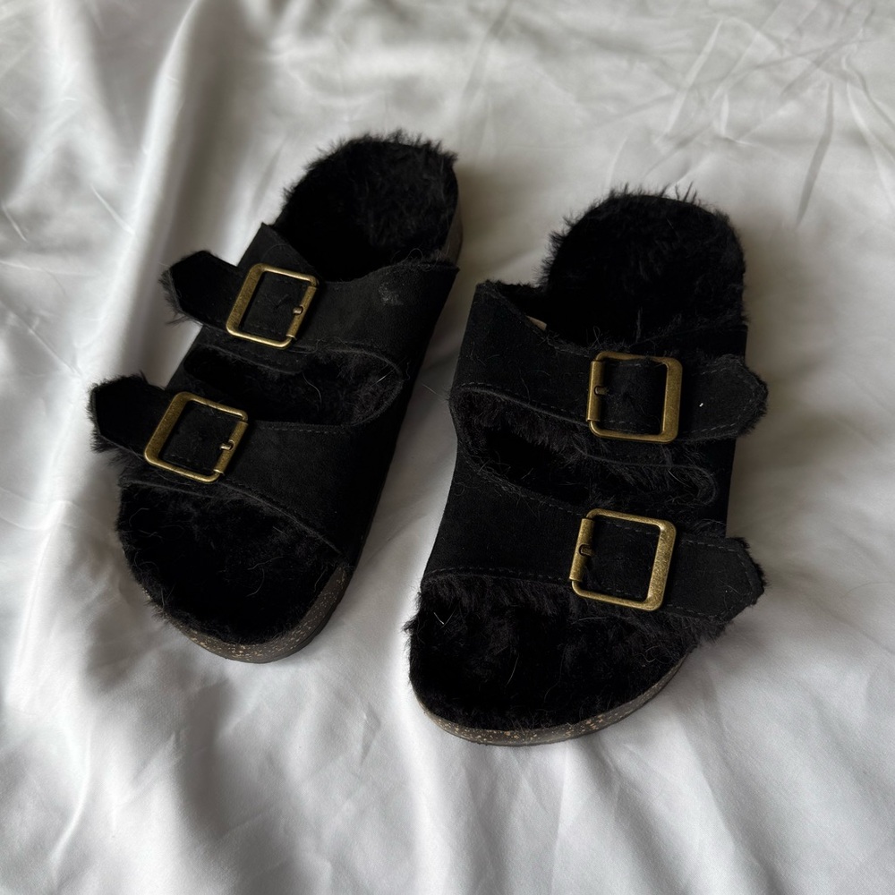 Black Faux Fur Slide Slippers